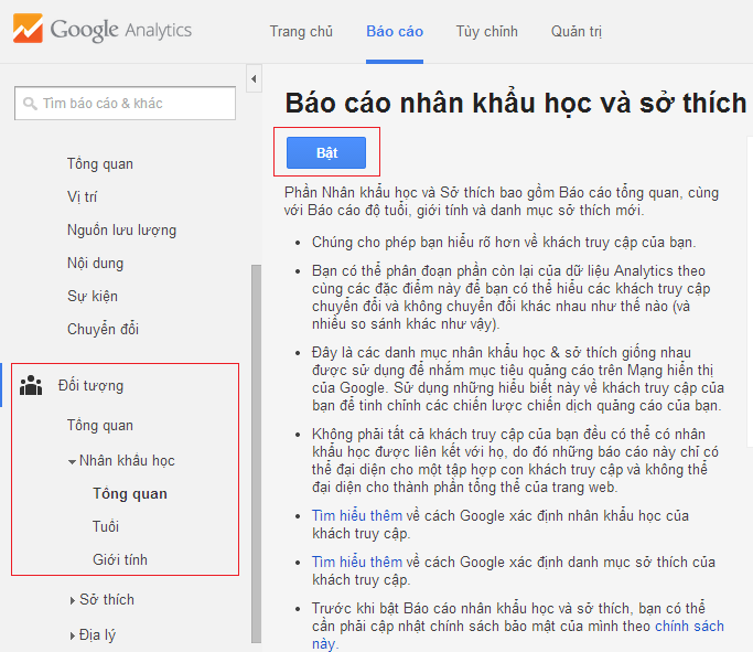 Chia sẻ cách cài đặt nhân khẩu học trong Google Analytics