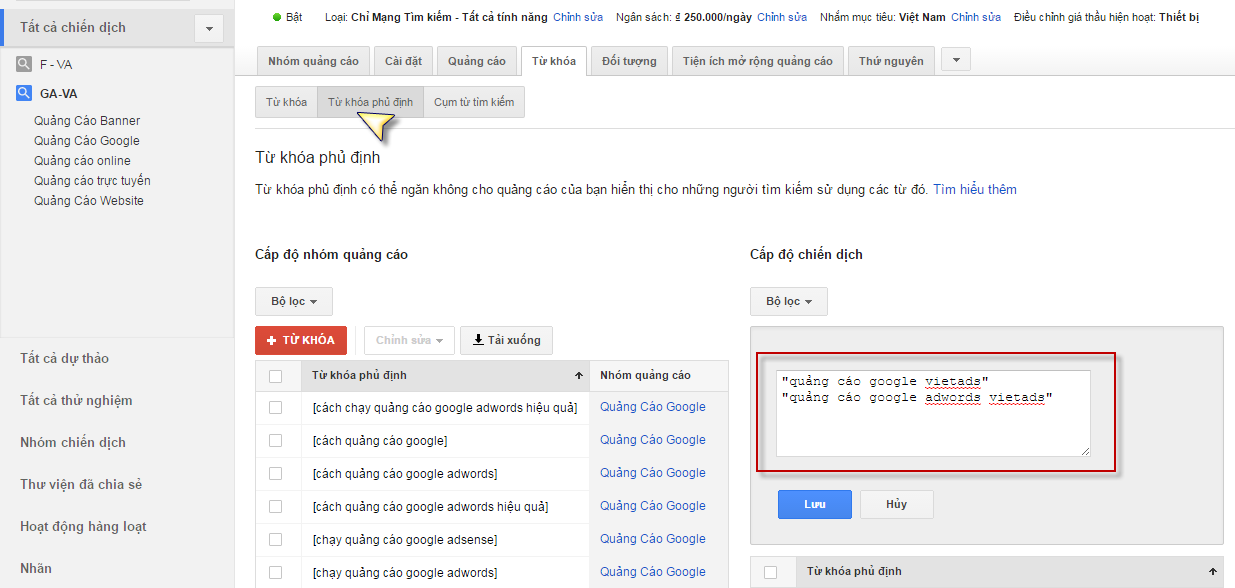 loai tru tu khoa quang cao google