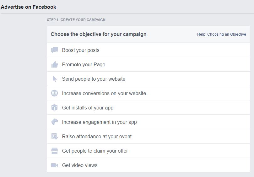 lựa chọn loại quảng cáo facebook