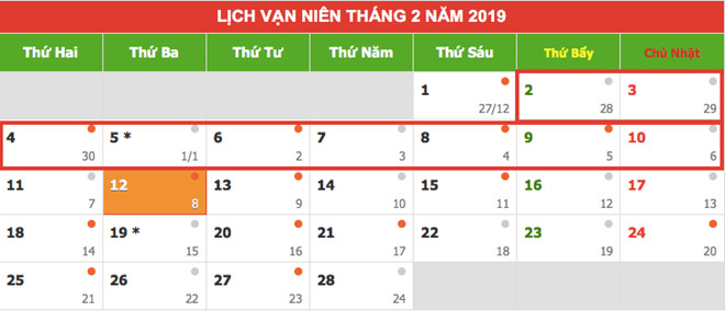 lịch nghỉ tết 2019