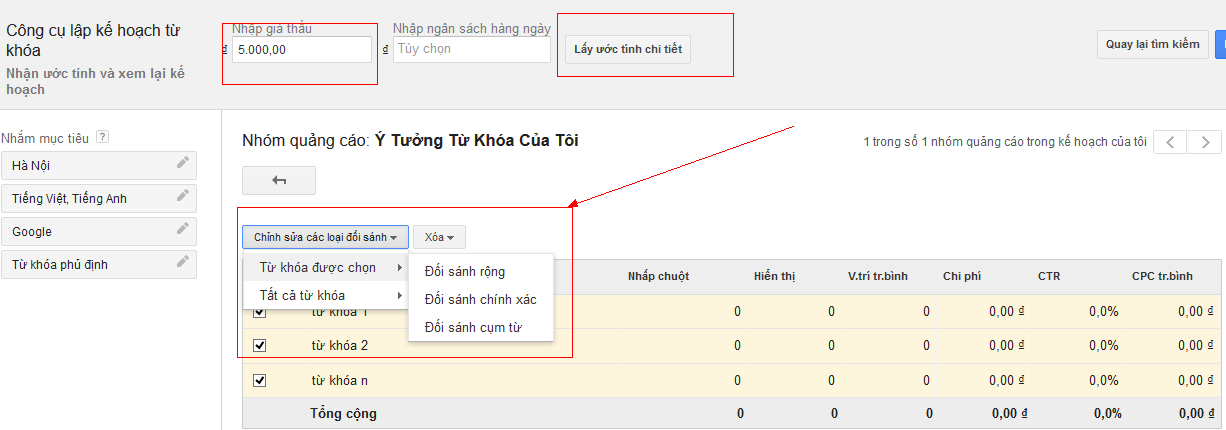 Ước tính giá thầu cho một chiến dịch quảng cáo Google với Việt ADS