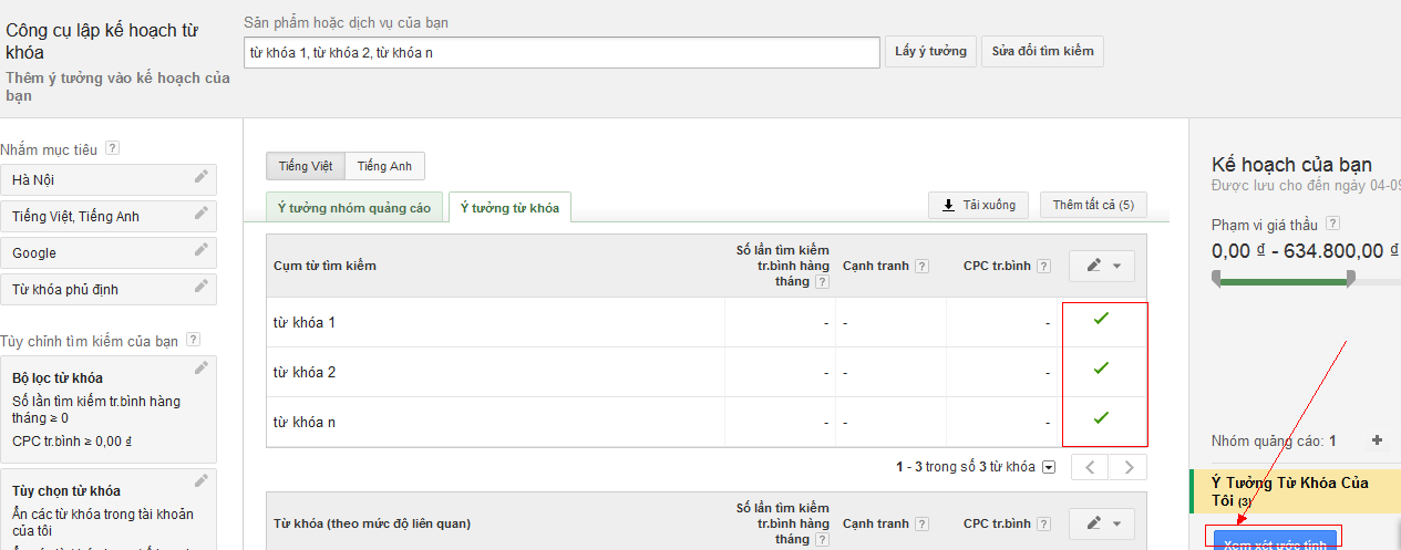 Ước tính giá thầu cho một chiến dịch quảng cáo Google với Việt ADS