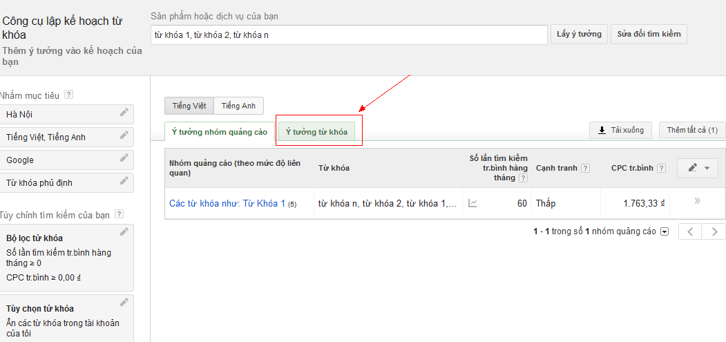 Ước tính giá thầu cho một chiến dịch quảng cáo Google với Việt ADS