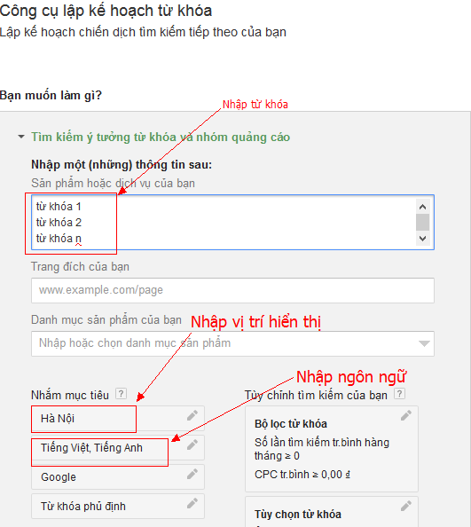 Ước tính giá thầu cho một chiến dịch quảng cáo Google với Việt ADS