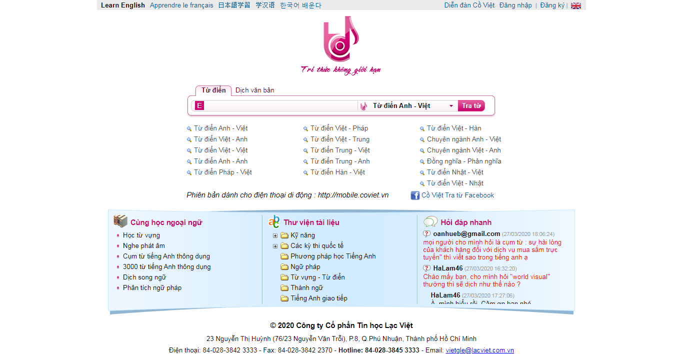 Thiết kế Web từ điển trực tuyến tratu.coviet.vn