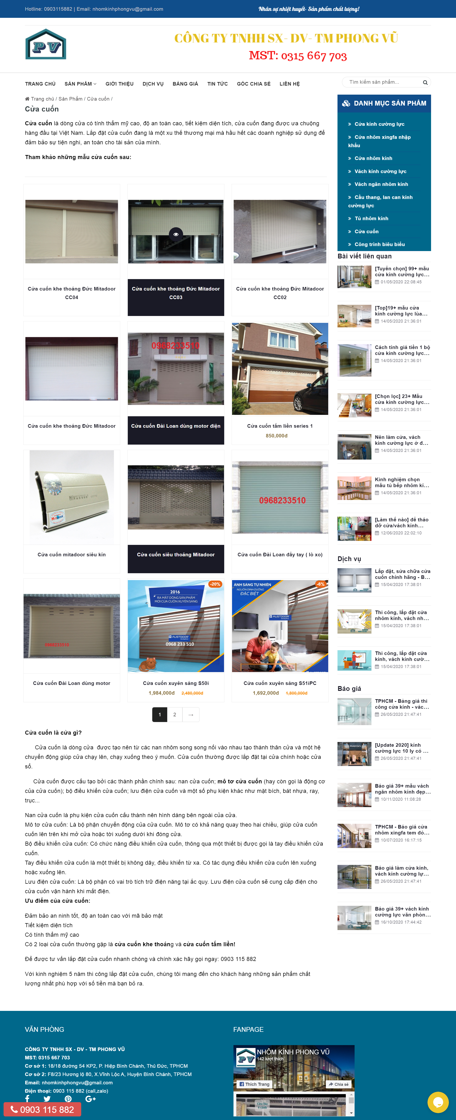 Thiết kế Web nhôm kính, cửa cuốn nhomkinhphongvu.com