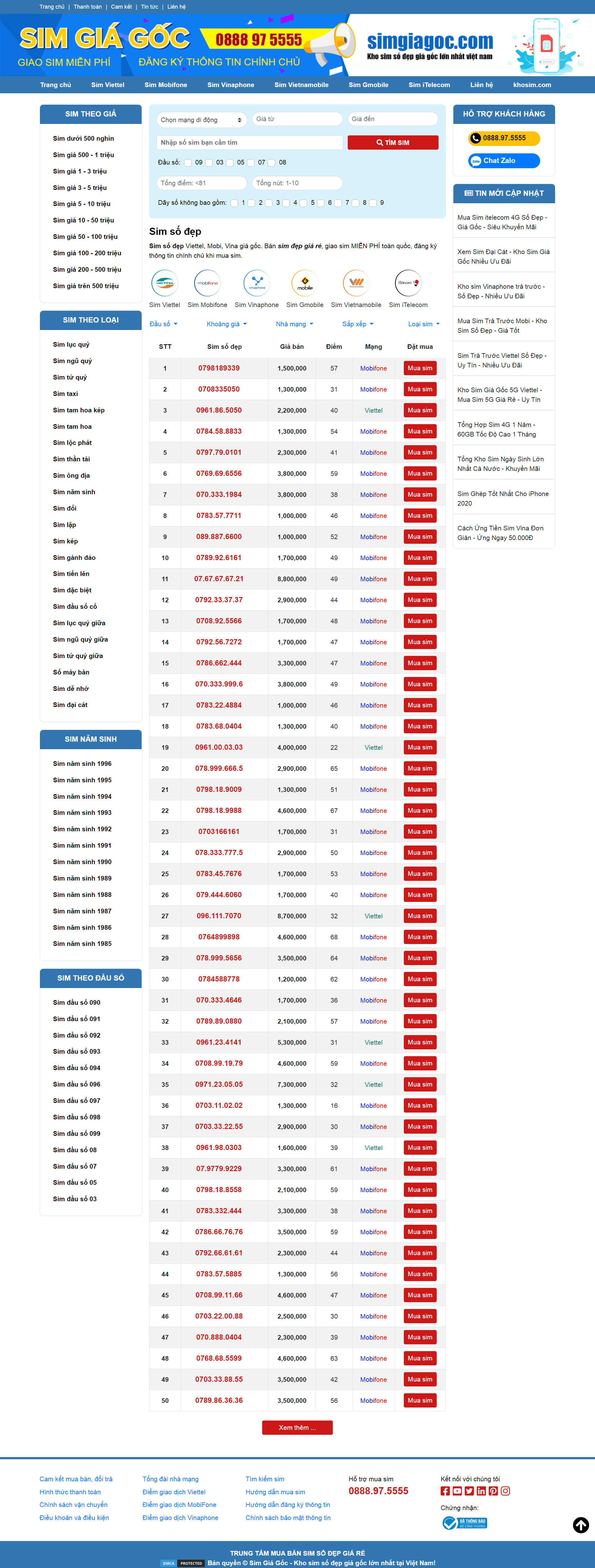Thiết kế Web bán sim simgiagoc.com