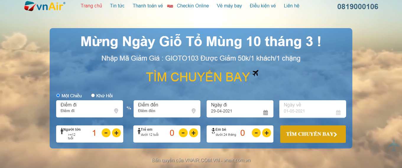 Thiết kế Web đặt vé máy bay trực tuyến vnair.com.vn
