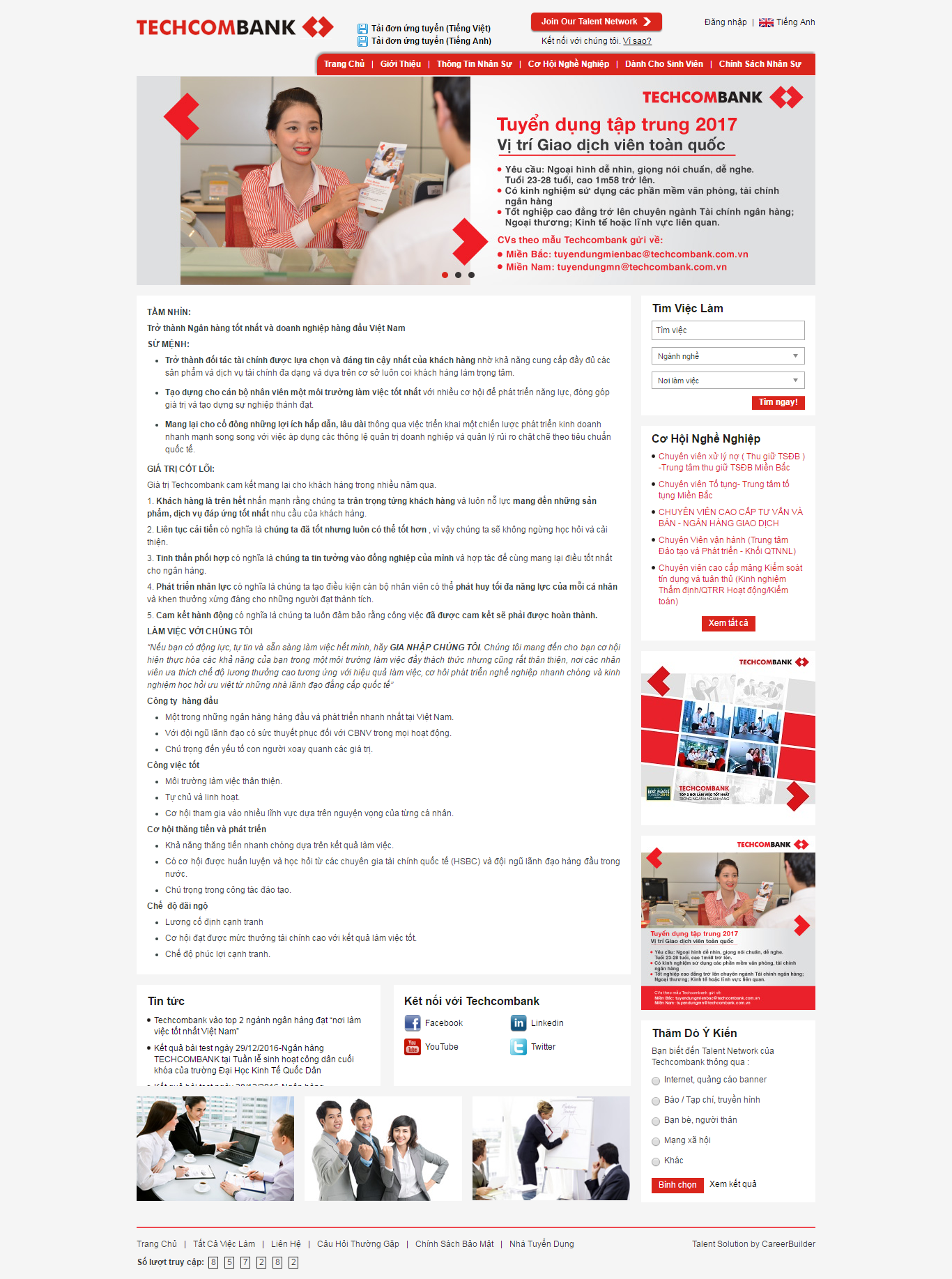 Thiết kế Web tuyển dụng việc làm techcombankjobs.com