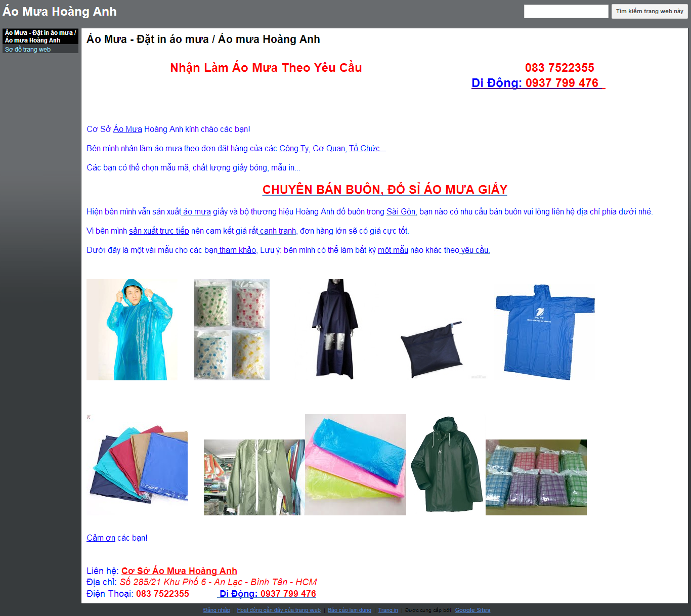 Thiết kế Web bán áo mưa sites.google.com